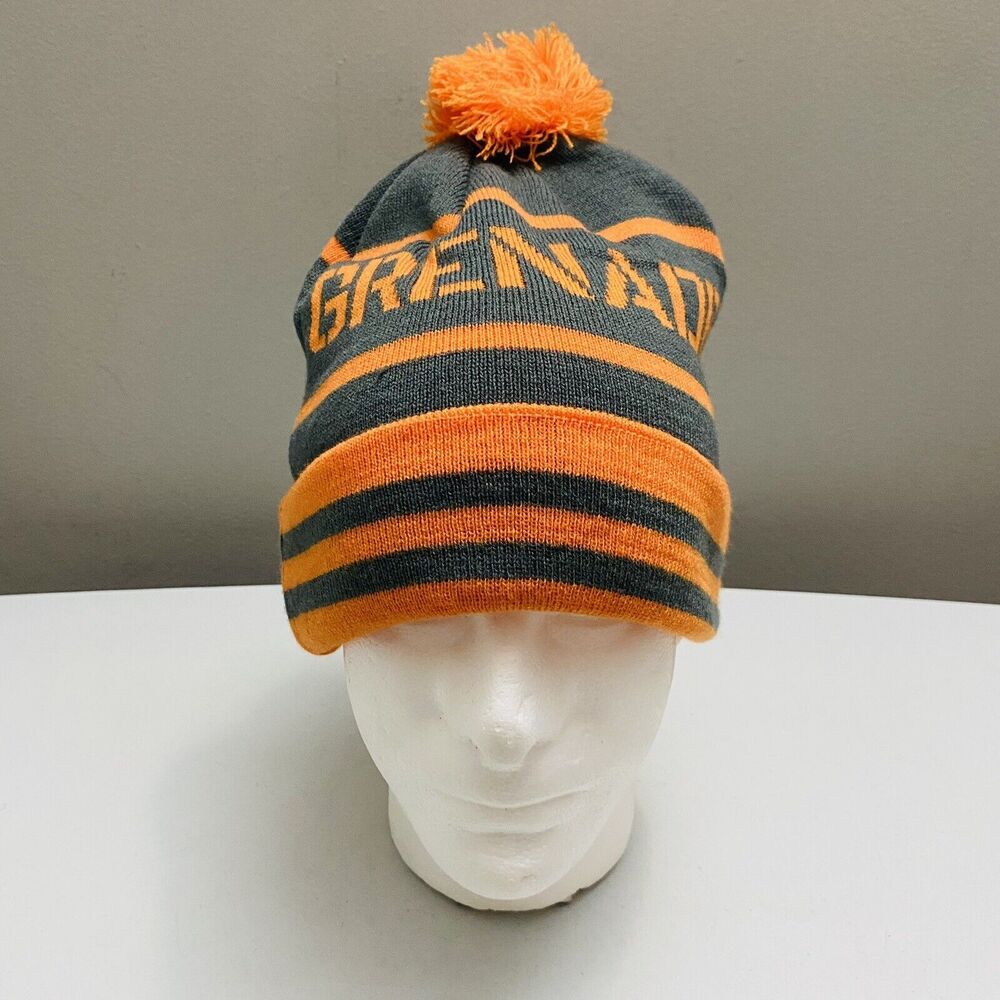Grenade Letterhead Striped Winter Pom Knit Beanie Cap Hat Orange/Gray One Size - Picture 3 of 8